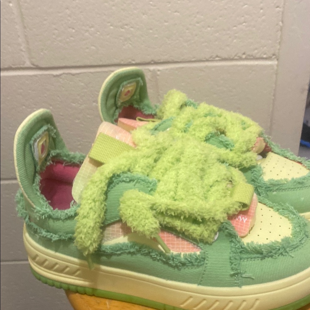 Whimsical Green and Pink Fuzzy Sneakers